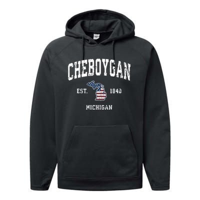 Cheboygan Michigan Mi Vintage American Flag Sports Design Performance Fleece Hoodie