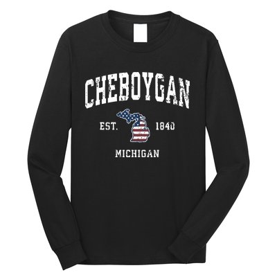 Cheboygan Michigan Mi Vintage American Flag Sports Design Long Sleeve Shirt