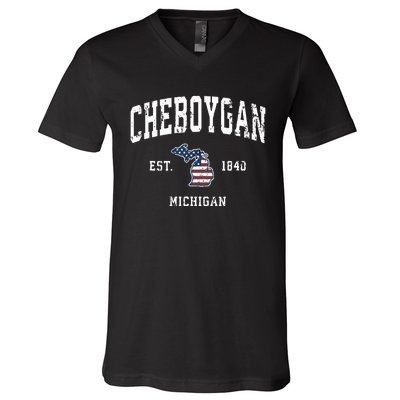 Cheboygan Michigan Mi Vintage American Flag Sports Design V-Neck T-Shirt