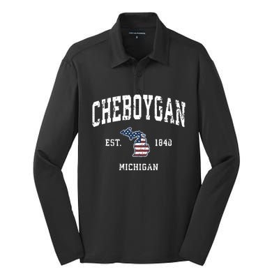 Cheboygan Michigan Mi Vintage American Flag Sports Design Silk Touch Performance Long Sleeve Polo