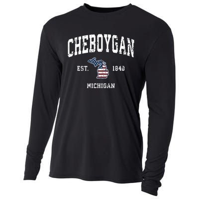 Cheboygan Michigan Mi Vintage American Flag Sports Design Cooling Performance Long Sleeve Crew