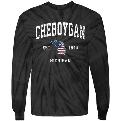 Cheboygan Michigan Mi Vintage American Flag Sports Design Tie-Dye Long Sleeve Shirt