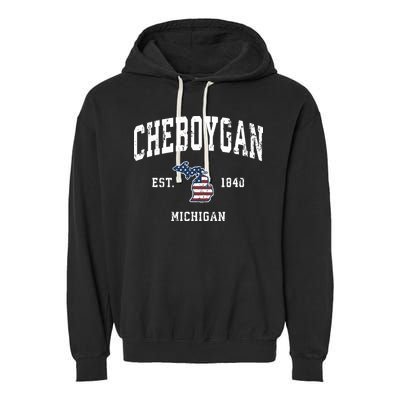 Cheboygan Michigan Mi Vintage American Flag Sports Design Garment-Dyed Fleece Hoodie