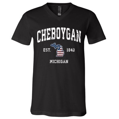 Cheboygan Michigan Mi Vintage American Flag Sports Design V-Neck T-Shirt