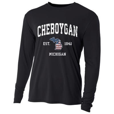 Cheboygan Michigan Mi Vintage American Flag Sports Design Cooling Performance Long Sleeve Crew