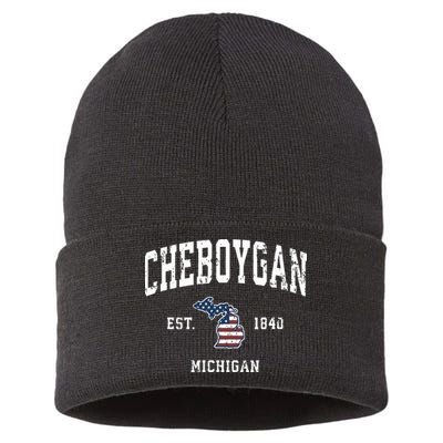 Cheboygan Michigan Mi Vintage American Flag Sports Design Sustainable Knit Beanie