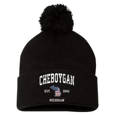 Cheboygan Michigan Mi Vintage American Flag Sports Design Pom Pom 12in Knit Beanie