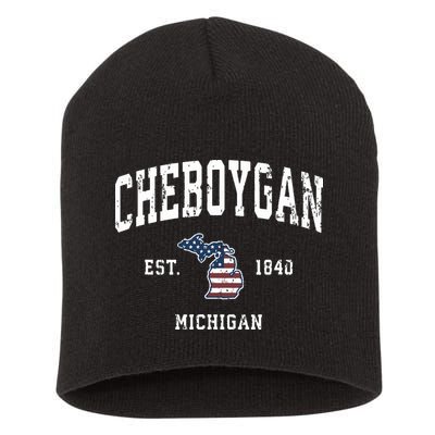 Cheboygan Michigan Mi Vintage American Flag Sports Design Short Acrylic Beanie