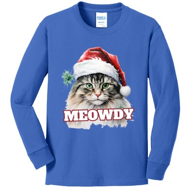 Cat Meme Meowdy Funny Mashup Meow Howdy Christmas Santa Hat Cool Gift Kids Long Sleeve Shirt