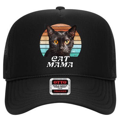 Cat Mama Mom Mothers Day Black Cat Retro High Crown Mesh Back Trucker Hat