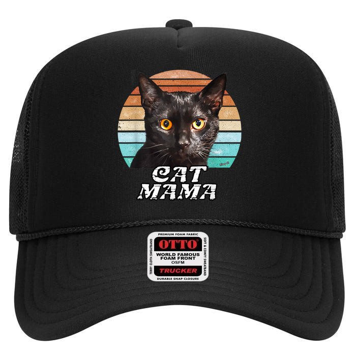 Cat Mama Mom Mothers Day Black Cat Retro High Crown Mesh Back Trucker Hat