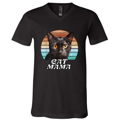 Cat Mama Mom Mothers Day Black Cat Retro V-Neck T-Shirt