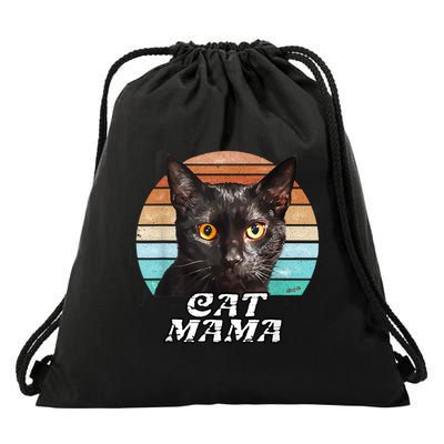 Cat Mama Mom Mothers Day Black Cat Retro Drawstring Bag