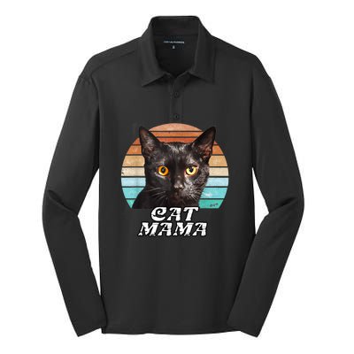 Cat Mama Mom Mothers Day Black Cat Retro Silk Touch Performance Long Sleeve Polo