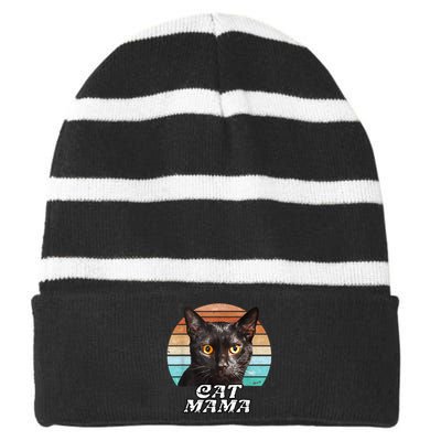 Cat Mama Mom Mothers Day Black Cat Retro Striped Beanie with Solid Band