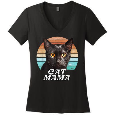 Cat Mama Mom Mothers Day Black Cat Retro Women's V-Neck T-Shirt