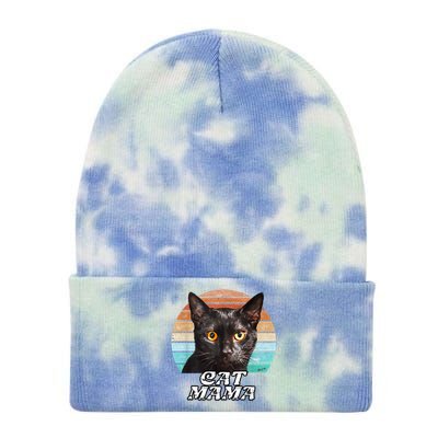 Cat Mama Mom Mothers Day Black Cat Retro Tie Dye 12in Knit Beanie