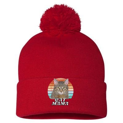 Cat Mama Mom Mothers Day Tabby Retro Pom Pom 12in Knit Beanie