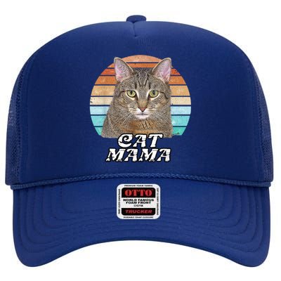 Cat Mama Mom Mothers Day Tabby Retro High Crown Mesh Back Trucker Hat