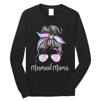 Cute Mermaid Mama Messy Hair Bun Glasses Mother's Day Long Sleeve Shirt