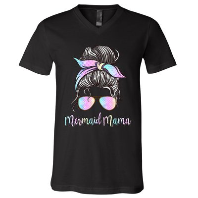 Cute Mermaid Mama Messy Hair Bun Glasses Mother's Day V-Neck T-Shirt