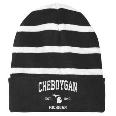 Cheboygan Michigan Mi Vintage Sports Striped Beanie with Solid Band