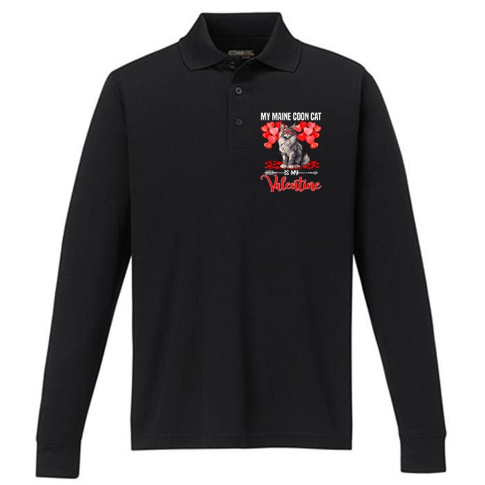 Cute My Maine Coon Cat Is My Valentine Valentines Day Performance Long Sleeve Polo