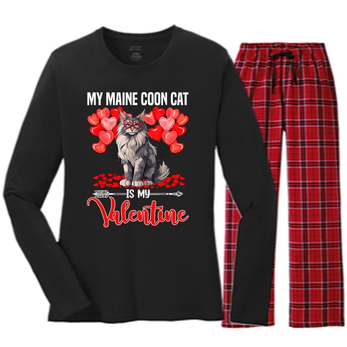 Cute My Maine Coon Cat Is My Valentine Valentines Day Women's Long Sleeve Flannel Pajama Set 