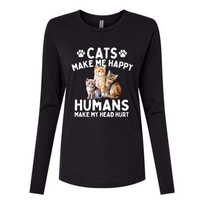 Cats Make Me Happy Humans Make My Head Hurt Cat Lover Womens Cotton Relaxed Long Sleeve T-Shirt