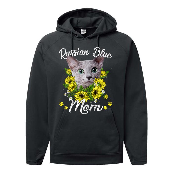 Cat Mom MotherS Day Kitten Sunflower Russian Blue Mom Performance Fleece Hoodie