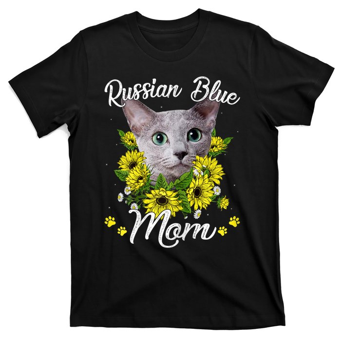 Cat Mom MotherS Day Kitten Sunflower Russian Blue Mom T-Shirt