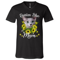 Cat Mom MotherS Day Kitten Sunflower Russian Blue Mom V-Neck T-Shirt