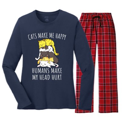 Cats Make Me Happy Humans Make My Head Hurt Women's Long Sleeve Flannel Pajama Set 