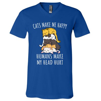 Cats Make Me Happy Hu Make My Head Hurt Gift V-Neck T-Shirt