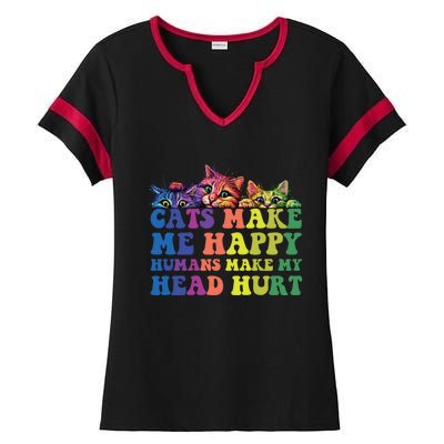 Cats Make Me Happy Hu Make My Head Hurt Gift Ladies Halftime Notch Neck Tee