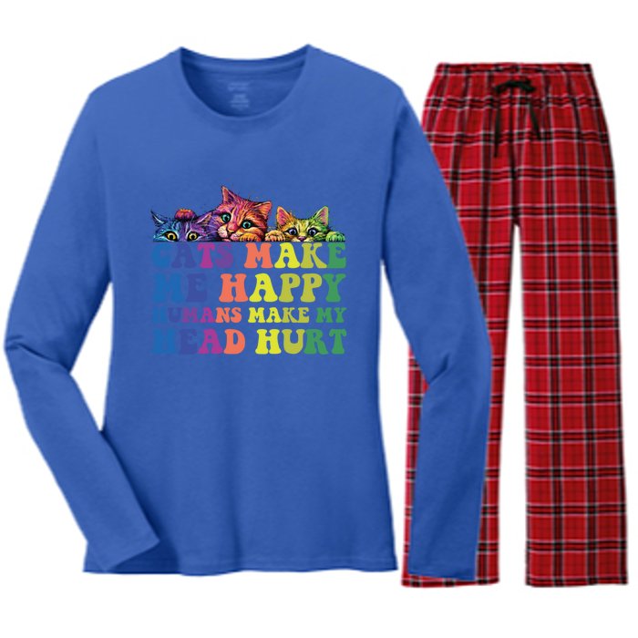 Cats Make Me Happy Hu Make My Head Hurt Gift Women's Long Sleeve Flannel Pajama Set 