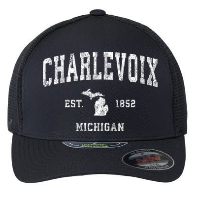 Charlevoix Michigan Mi Vintage Athletic Sports Flexfit Unipanel Trucker Cap