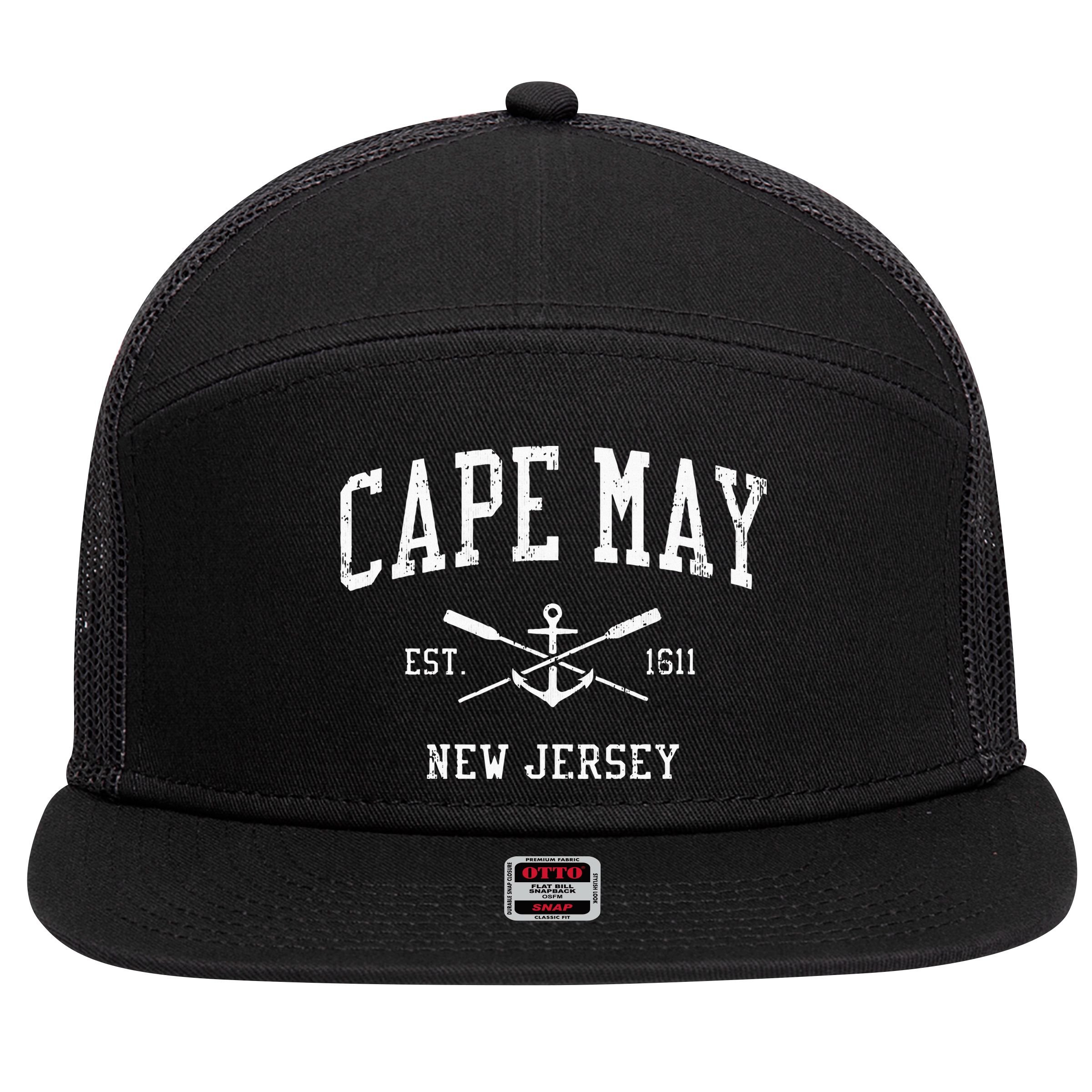 Cape May Nj Vintage Crossed Oars & Boat Anchor Sports 7 Panel Mesh Trucker Snapback Hat