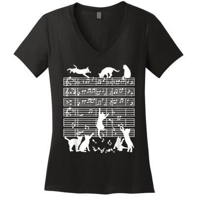 Cats Musical Notes Music Musician Composer Cat Lover Women's V-Neck T-Shirt