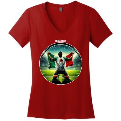 Cool Mexico National Soccer Team With Flag Women's V-Neck T-Shirt