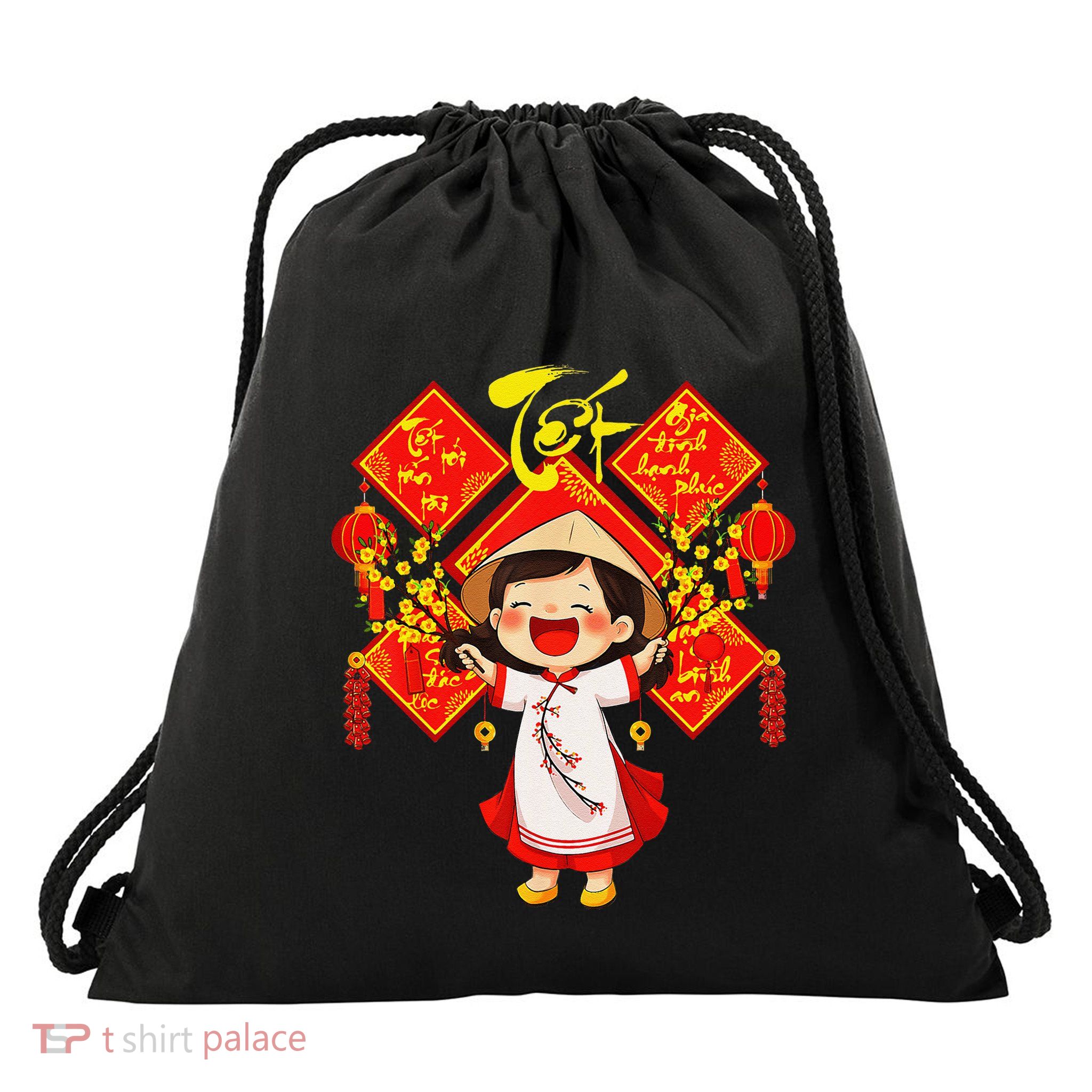 Chuc Mung Nam Moi Girl Cute Vietnamese New Year Ao Dai Drawstring Bag