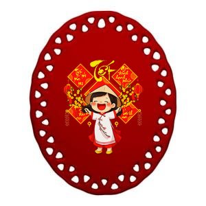 Chuc Mung Nam Moi Girl Cute Vietnamese New Year Ao Dai Ceramic Oval Ornament