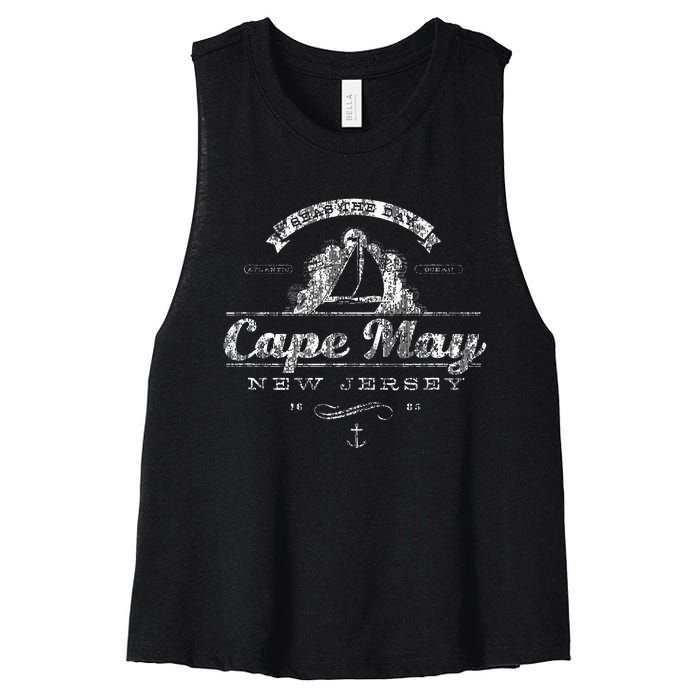 Cape May Nj Sailboat Vintage Nautical Throwback Women's Racerback Cropped Tank