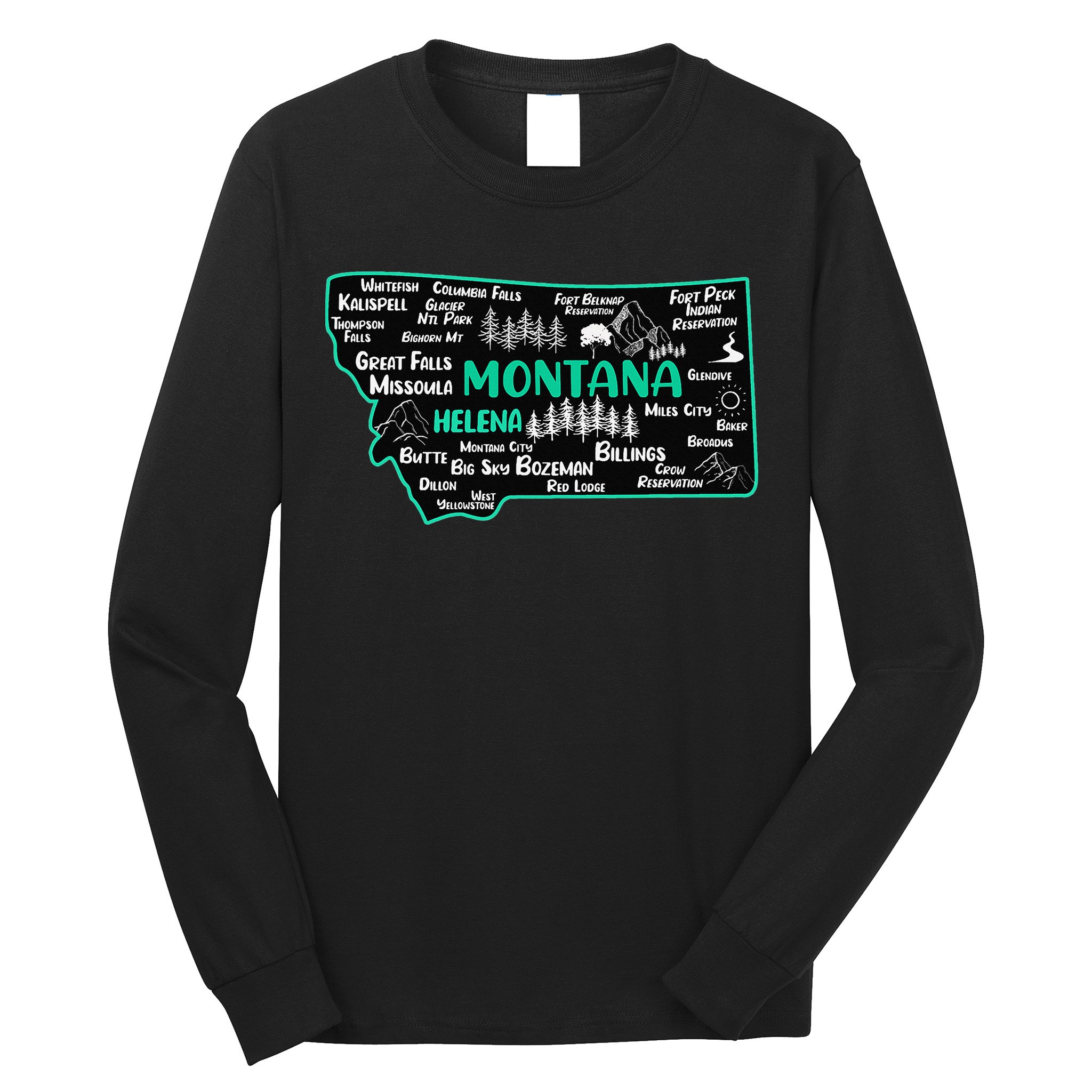 Cute map of Montana Helena Missoula Billings Kalispell Long Sleeve Shirt