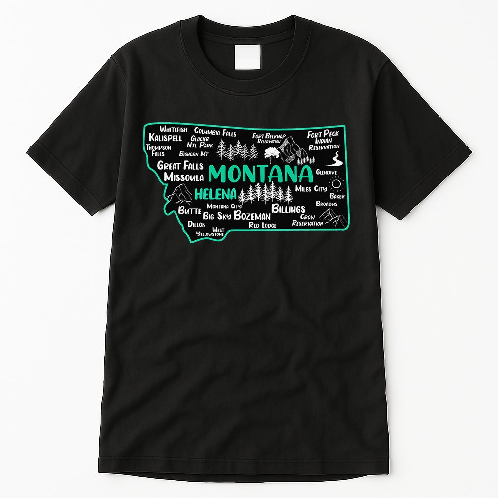 Cute map of Montana Helena Missoula Billings Kalispell Tall T-Shirt