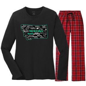 Cute map of Montana Helena Missoula Billings Kalispell Women's Long Sleeve Flannel Pajama Set 