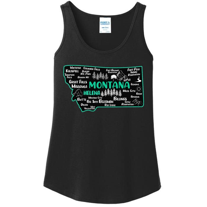 Cute map of Montana Helena Missoula Billings Kalispell Ladies Essential Tank