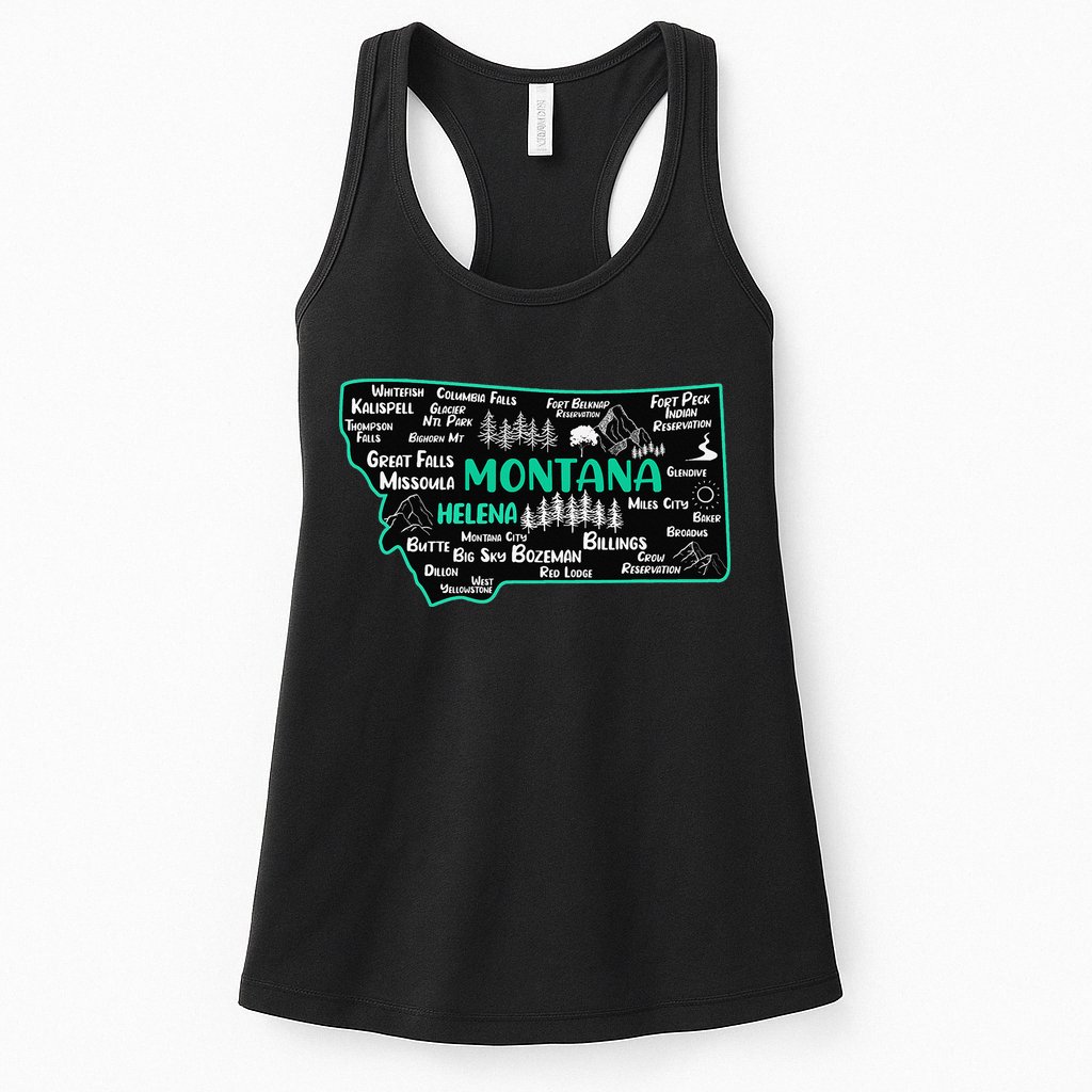 Cute map of Montana Helena Missoula Billings Kalispell Womens Tank Top