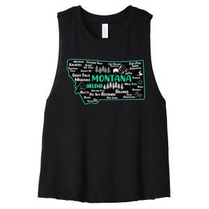 Cute map of Montana Helena Missoula Billings Kalispell Women's Racerback Cropped Tank