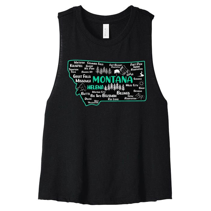 Cute map of Montana Helena Missoula Billings Kalispell Women's Racerback Cropped Tank